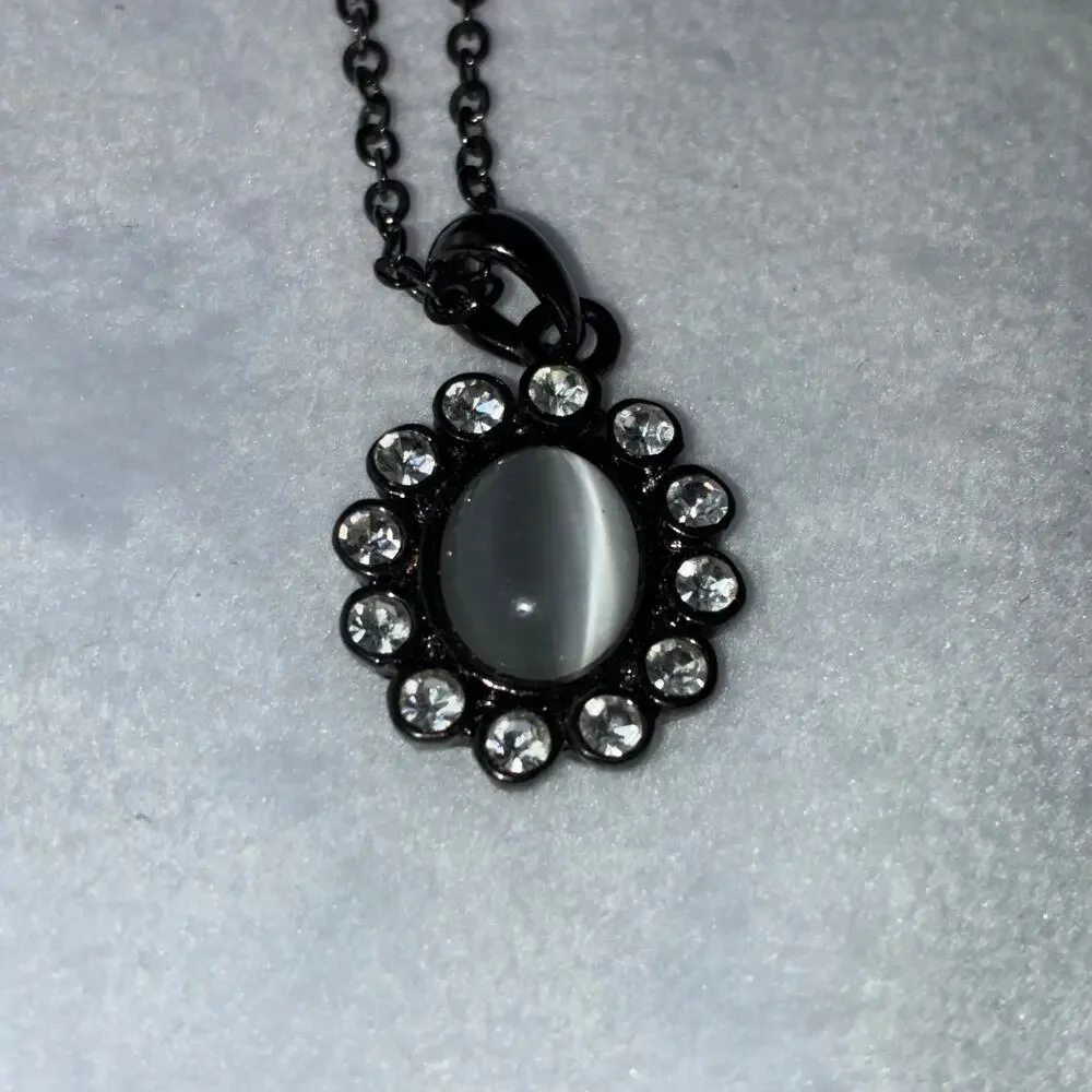 Cat Eye Stone Halo Rhinestone Pendant Necklace Dark Tone Chain Goth Witchy Moon
